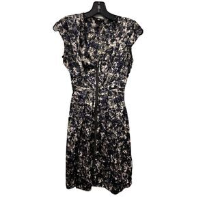 H&M Dress Front Zip Up‎ Womens Size 2 Cinch Waist Cap Sleeves Floral Black Blue